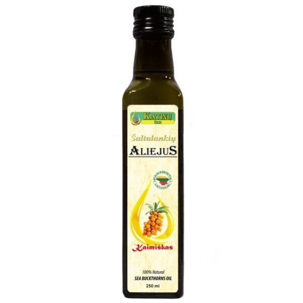 Šaltalankių aliejus Tamsaus stiklo buteliuke.